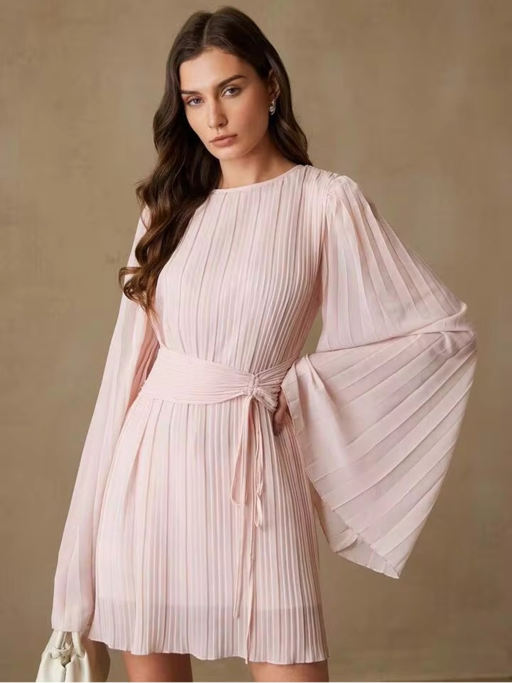 Pleated Blush Pink Long-Sleeve Mini Dress